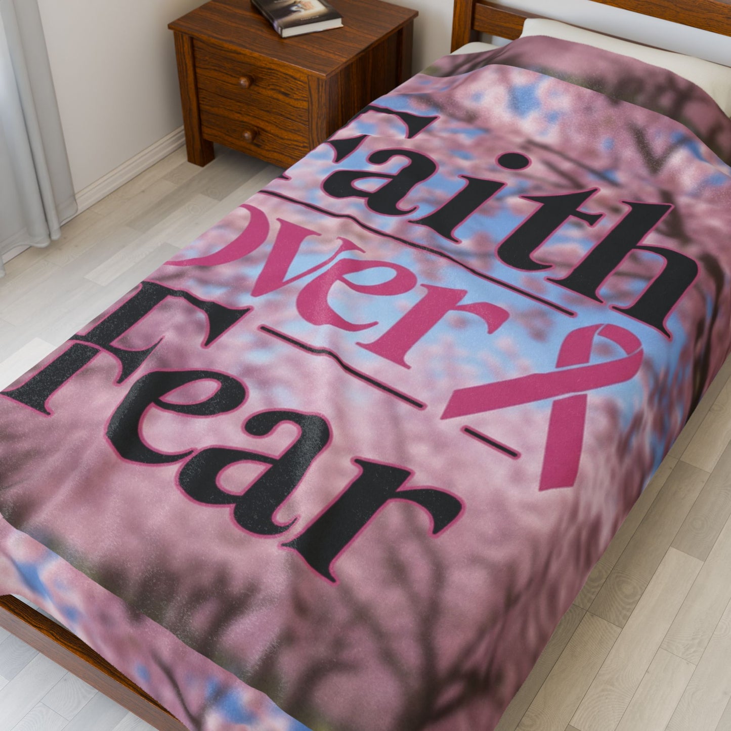 Faith Over Fear Velveteen Plush Blanket, Cozy Throw for Comfort, Inspirational Gift for Breast Cancer Awareness