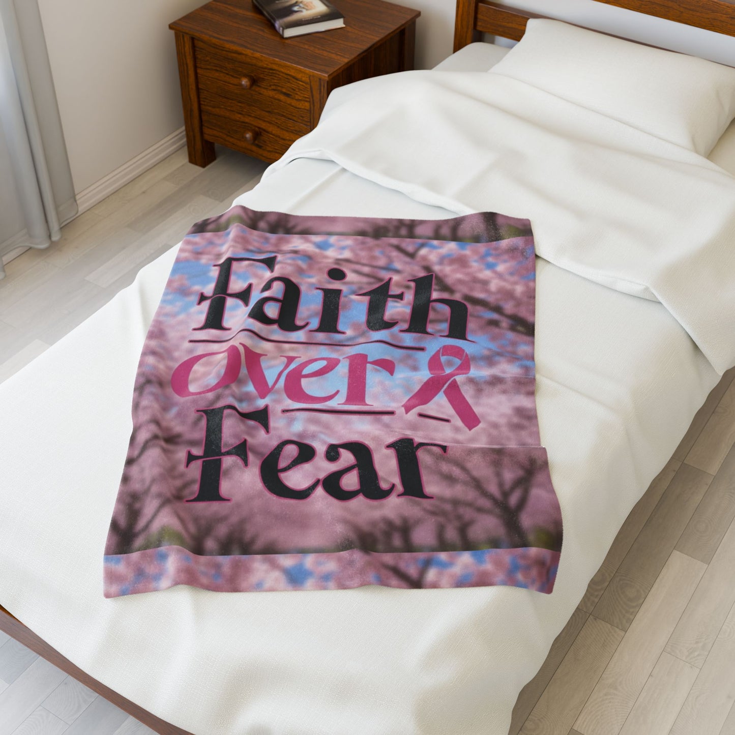 Faith Over Fear Velveteen Plush Blanket, Cozy Throw for Comfort, Inspirational Gift for Breast Cancer Awareness