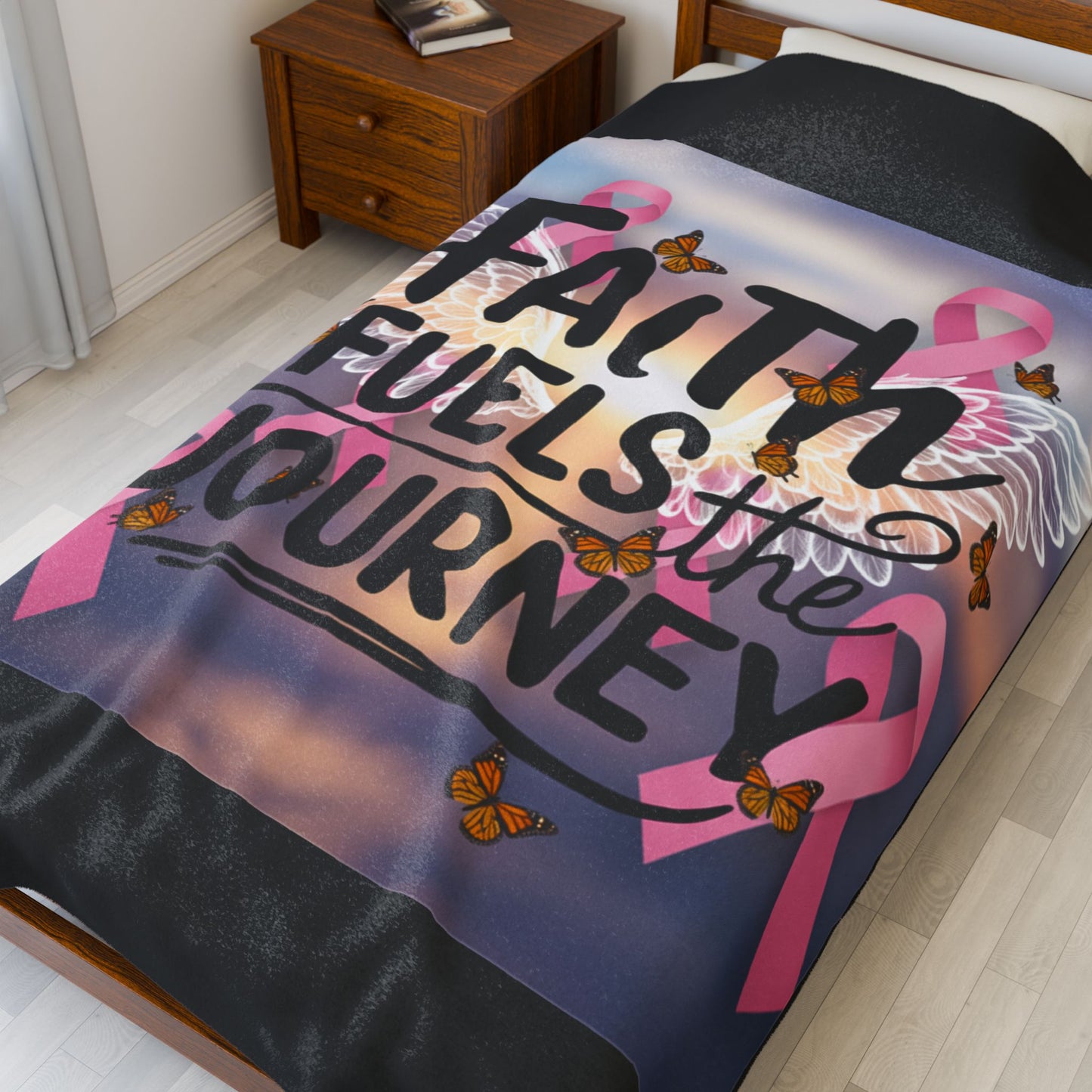 Inspirational Velveteen Plush Blanket, Cozy Throw for Faith, Breast Cancer Awareness, Heartwarming Gift, Comforter for Healing Moments