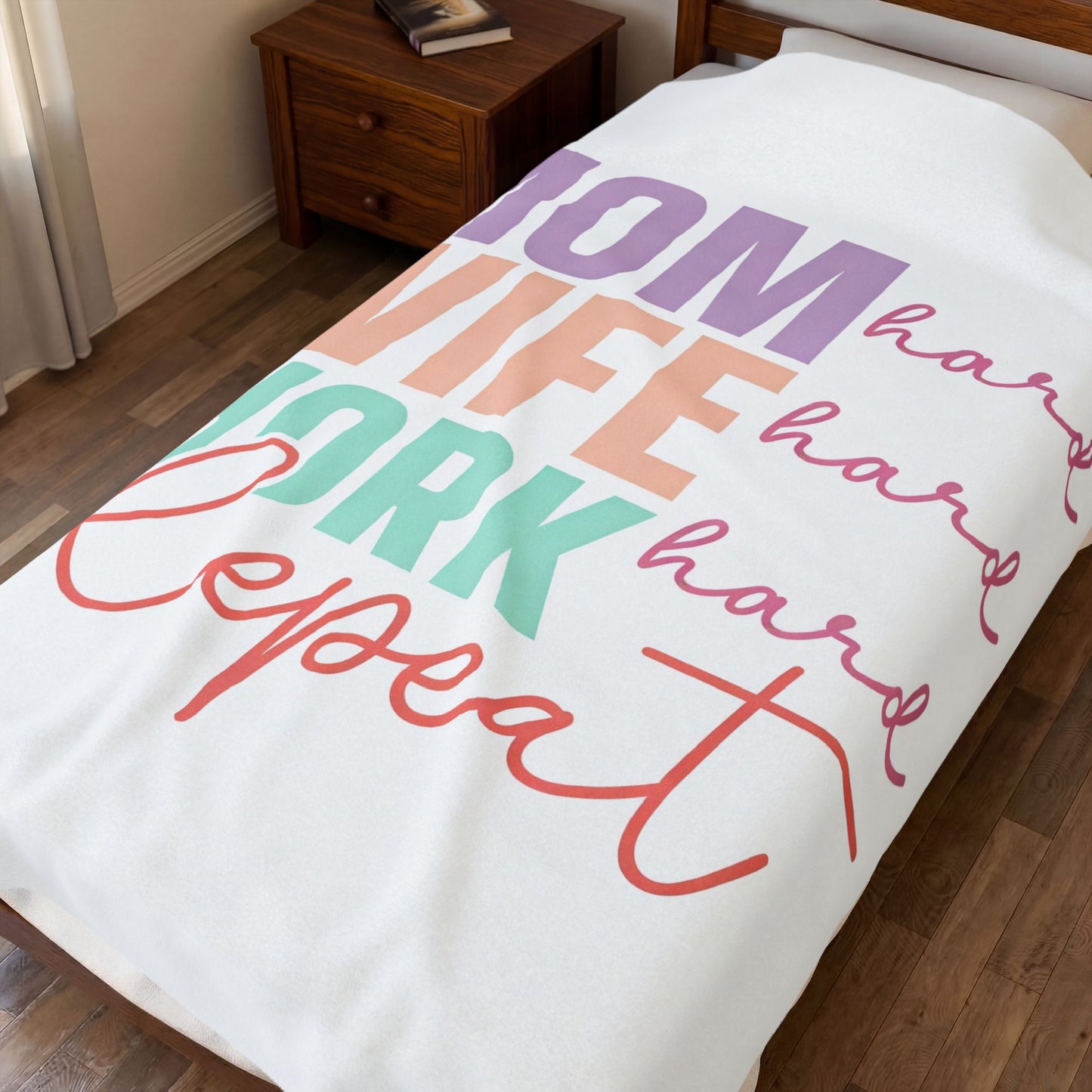 "Mom Wife Work Repeat" Colorful Inspirational for Plush Blanket
