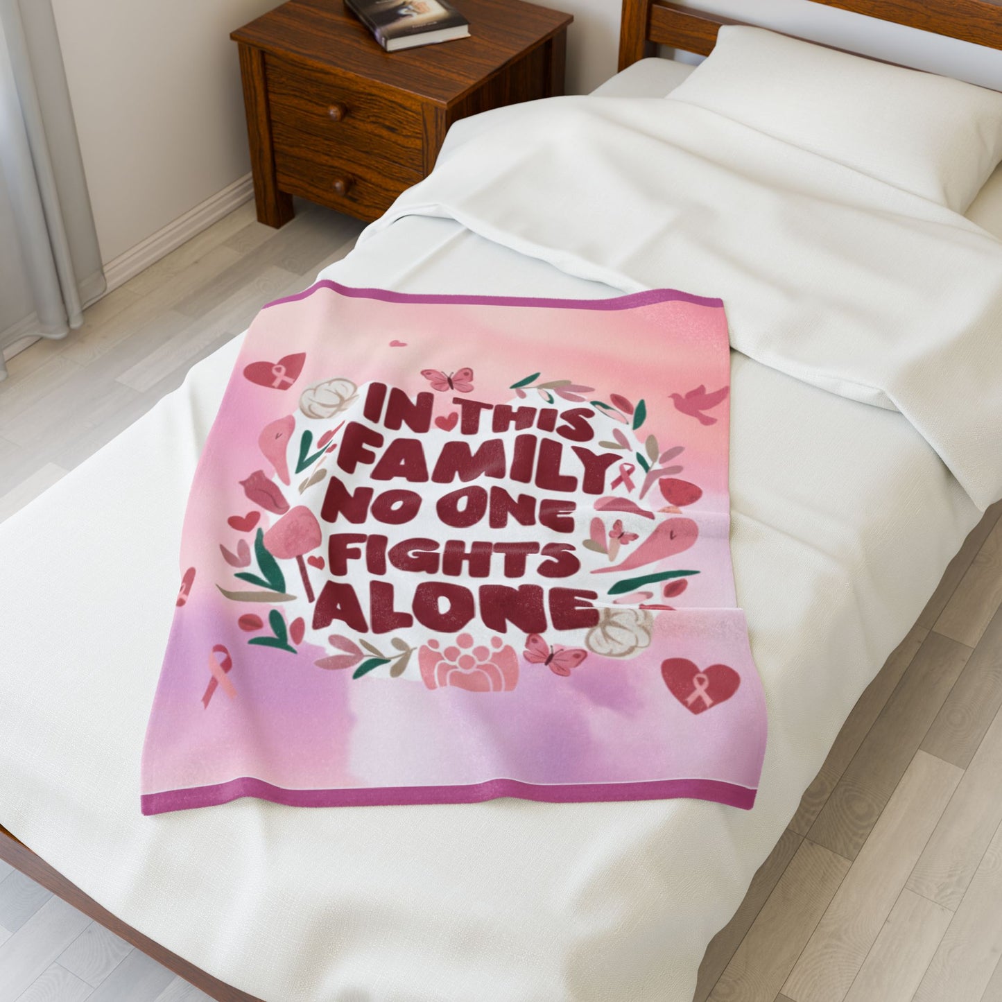 In This Family No One Fights Alone Plush Blanket, Cozy Throw for Family Support, Gift for Encouragement, Cancer Awareness, Living Room Decor
