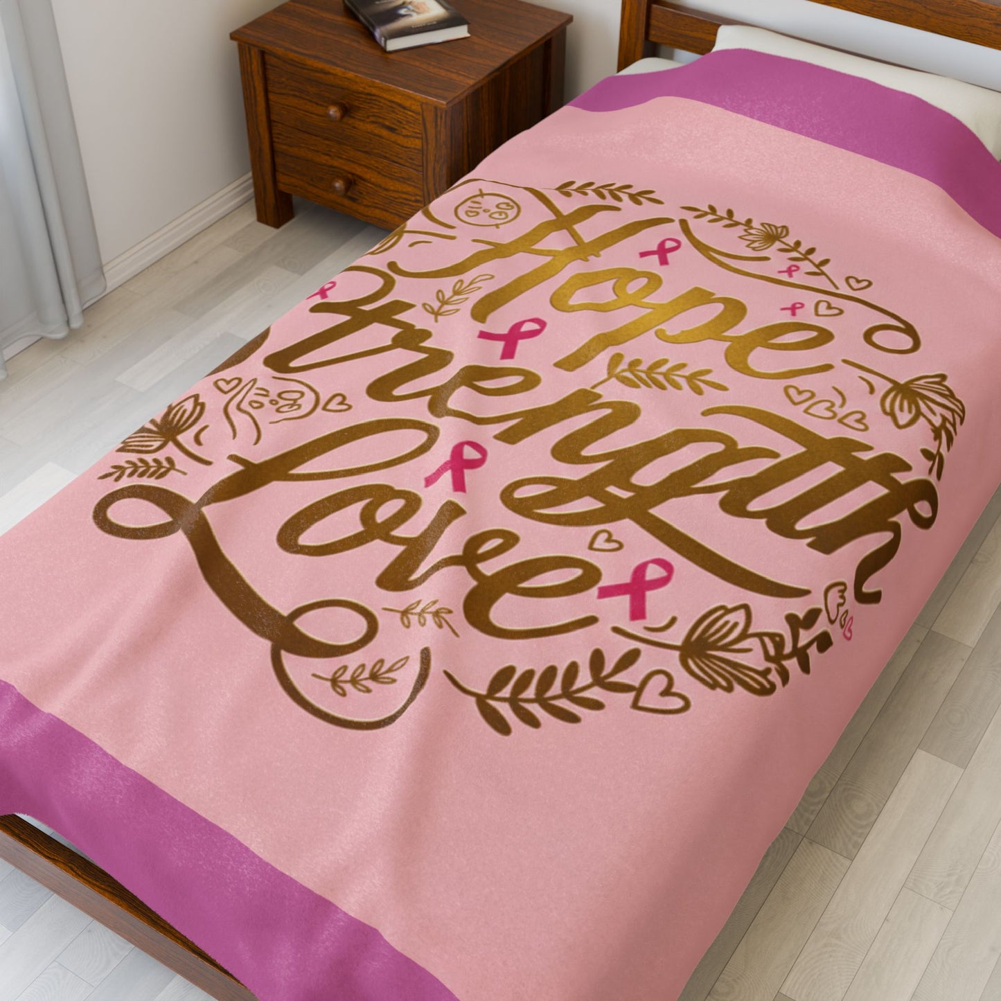 Hope Strength Love Velveteen Plush Blanket | Cozy Throw for Support, Cancer Awareness, Gift for Loved Ones, Inspirational Decor