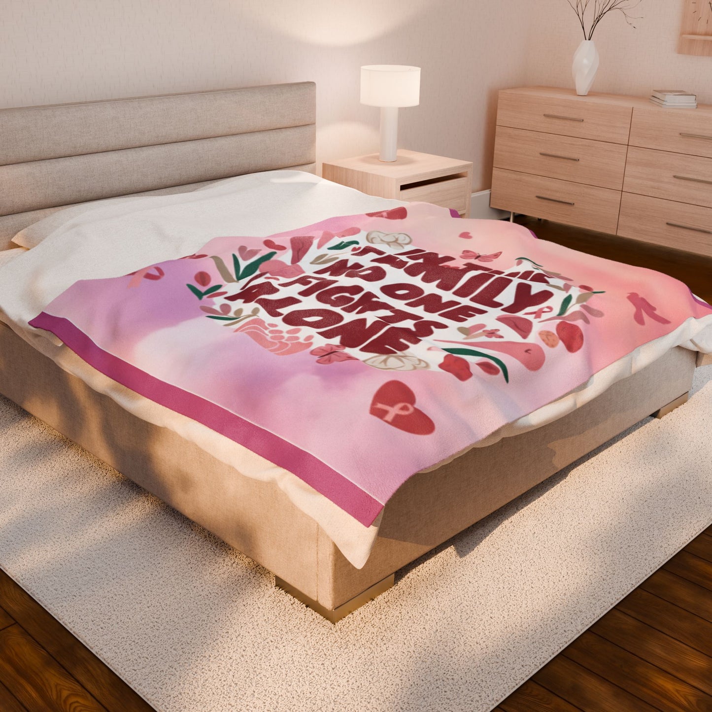 In This Family No One Fights Alone Plush Blanket, Cozy Throw for Family Support, Gift for Encouragement, Cancer Awareness, Living Room Decor