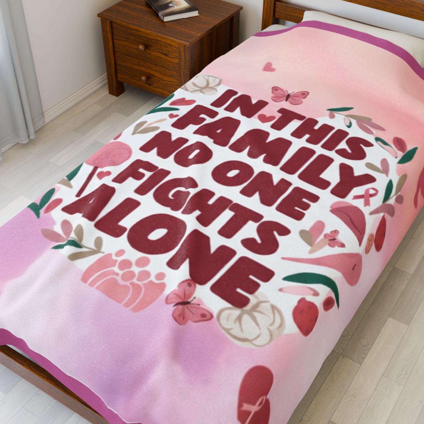 In This Family No One Fights Alone Plush Blanket, Cozy Throw for Family Support, Gift for Encouragement, Cancer Awareness, Living Room Decor