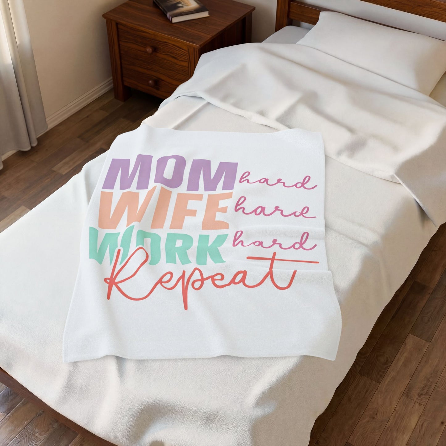 "Mom Wife Work Repeat" Colorful Inspirational for Plush Blanket
