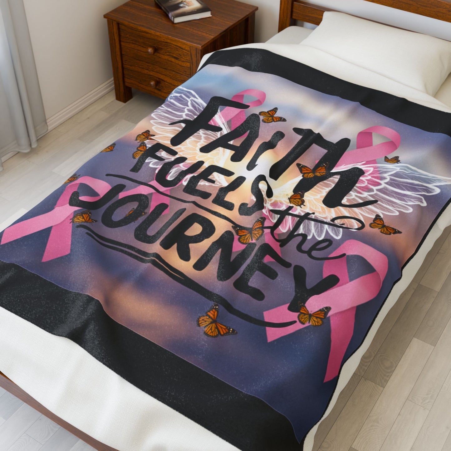 Inspirational Velveteen Plush Blanket, Cozy Throw for Faith, Breast Cancer Awareness, Heartwarming Gift, Comforter for Healing Moments