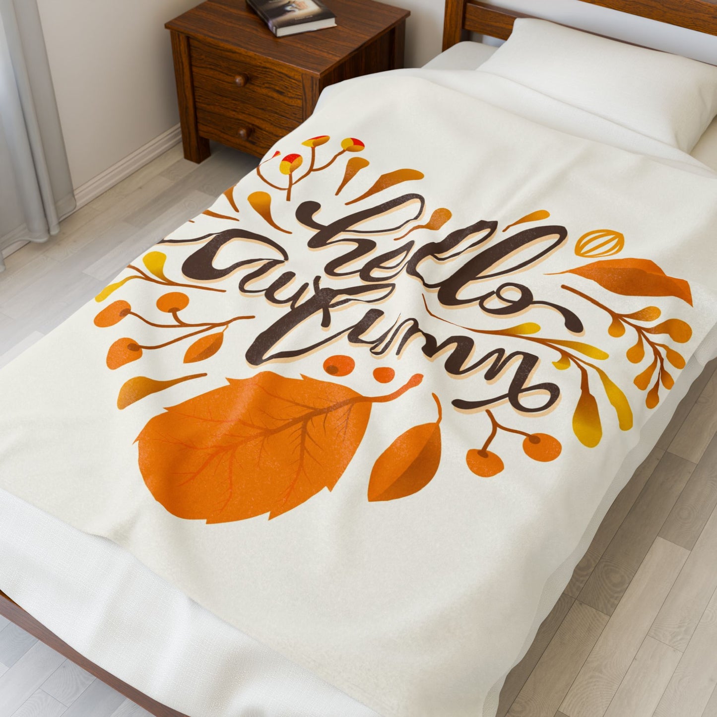 Autumn Hello Velveteen Plush Blanket | Cozy Fall Throw, Thanksgiving Gift, Seasonal Home Decor, Warm Blanket, Gift for Her