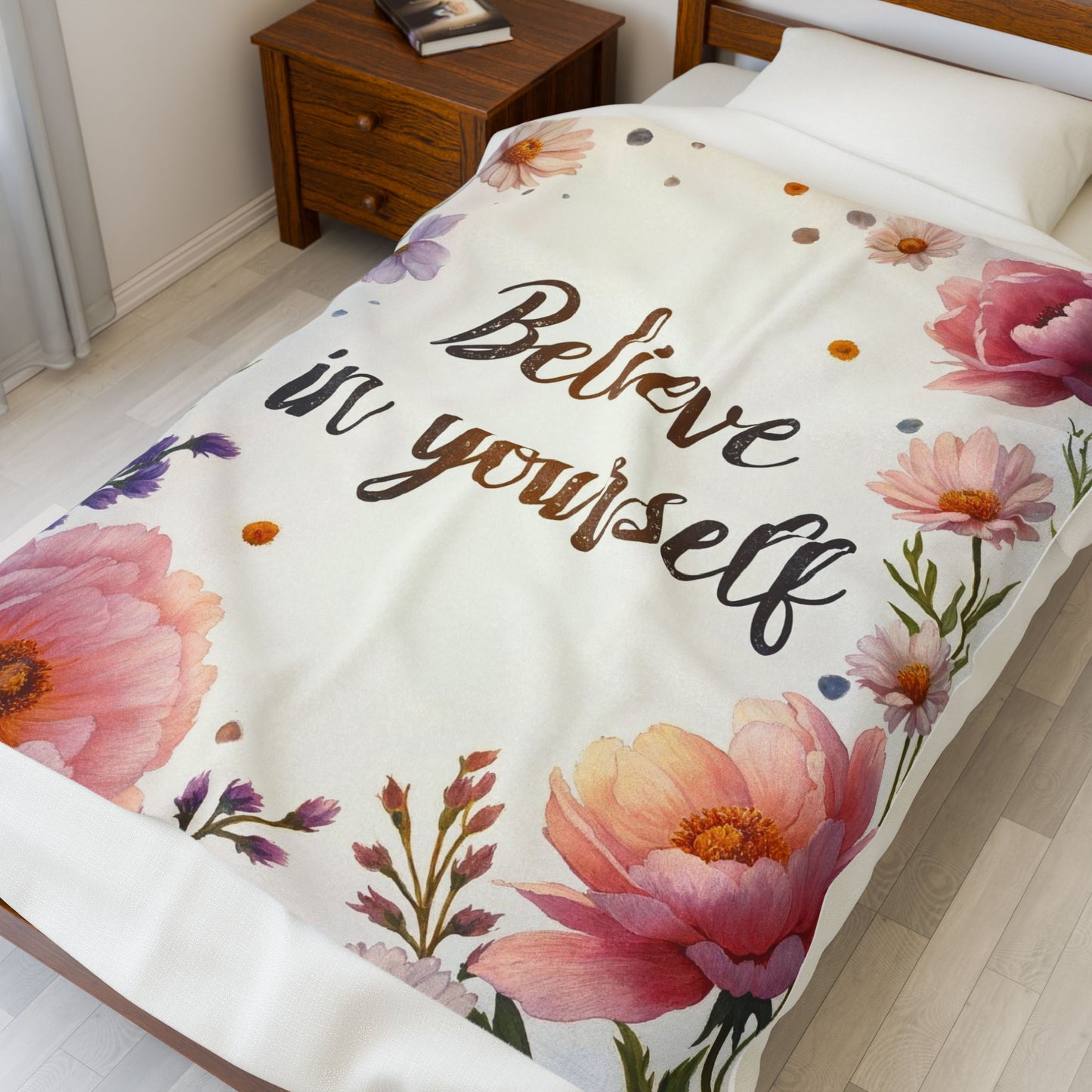 Inspirational Floral Velveteen Plush Blanket - Cozy Gift, Self-Care Decor, Motivational Home Accessory, Relaxing Throw