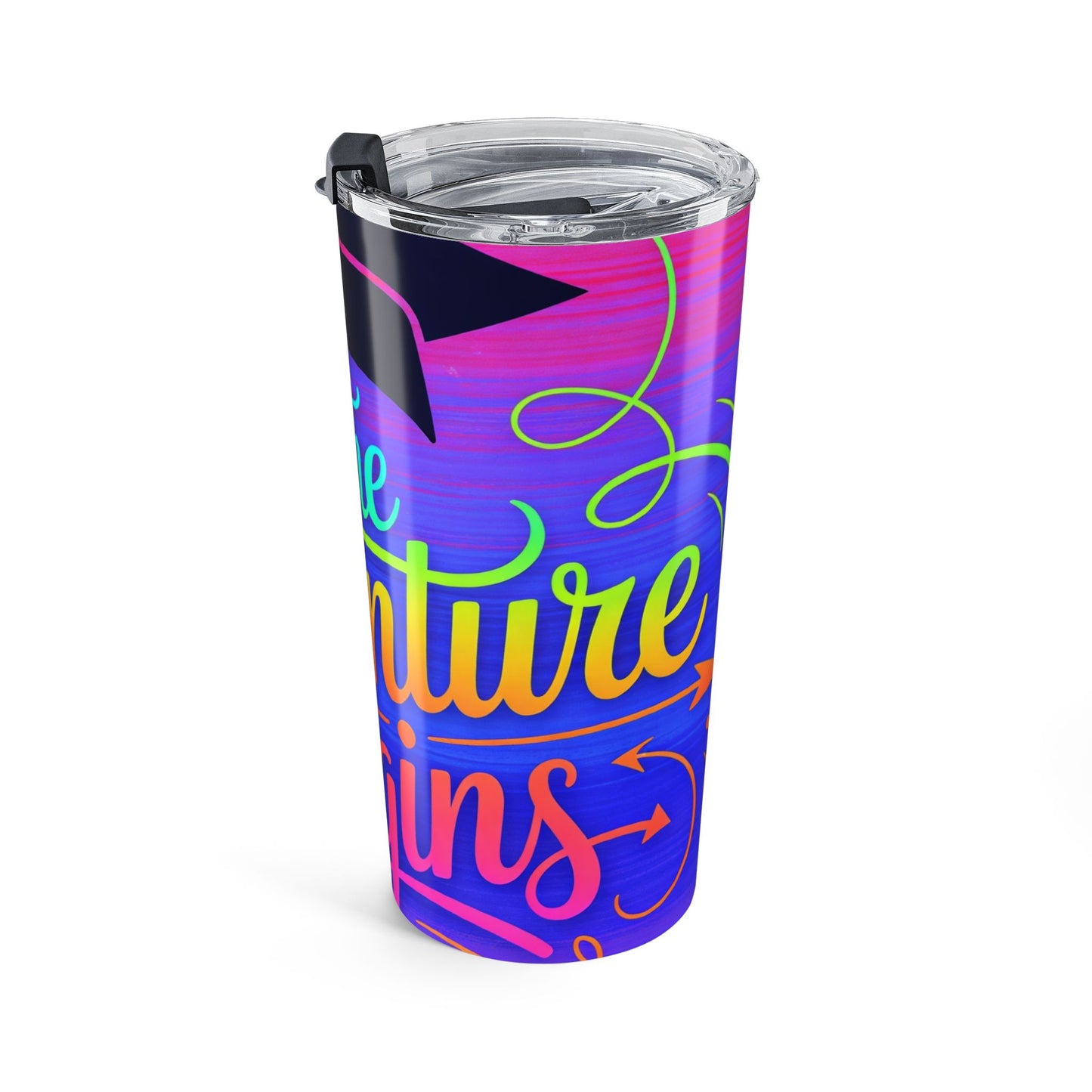 "The Adventure Begins" Neon Gradient Travel Cup