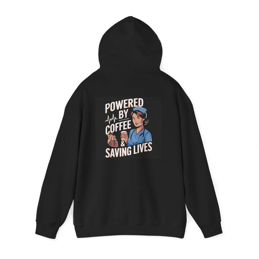 Powered by Coffee Unisex Hoodie, Cozy Sweatshirt, Gift for Nurses, Coffee Lover Apparel, Funny Medical Sweatshirt