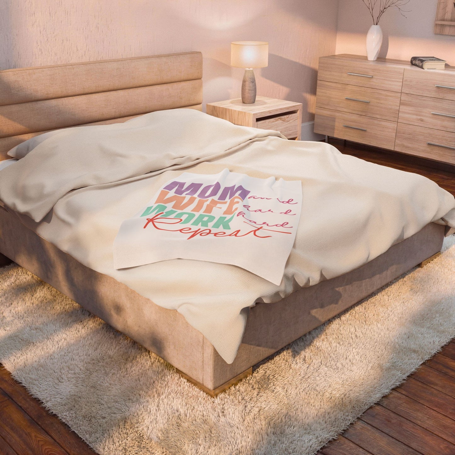 "Mom Wife Work Repeat" Colorful Inspirational for Plush Blanket