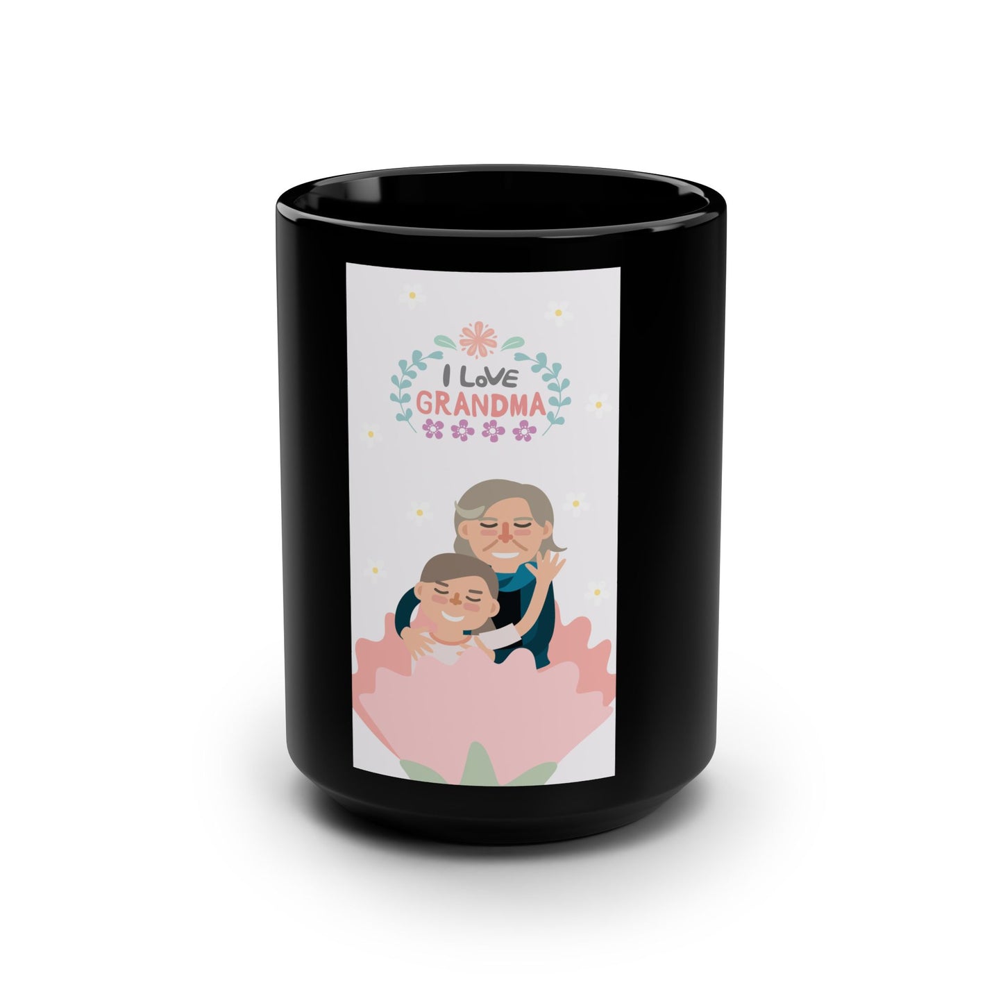 Personalized Black Mug for Grandma | Gift for Mother's Day, Family Birthday, Unique Coffee Cup, Floral Design, 15oz