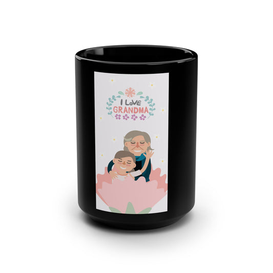 Personalized Black Mug for Grandma | Gift for Mother's Day, Family Birthday, Unique Coffee Cup, Floral Design, 15oz