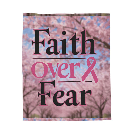 Faith Over Fear Velveteen Plush Blanket, Cozy Throw for Comfort, Inspirational Gift for Breast Cancer Awareness