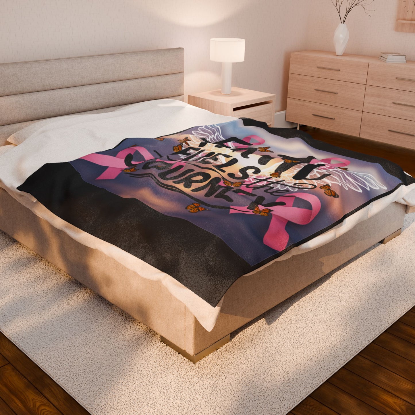 Inspirational Velveteen Plush Blanket, Cozy Throw for Faith, Breast Cancer Awareness, Heartwarming Gift, Comforter for Healing Moments