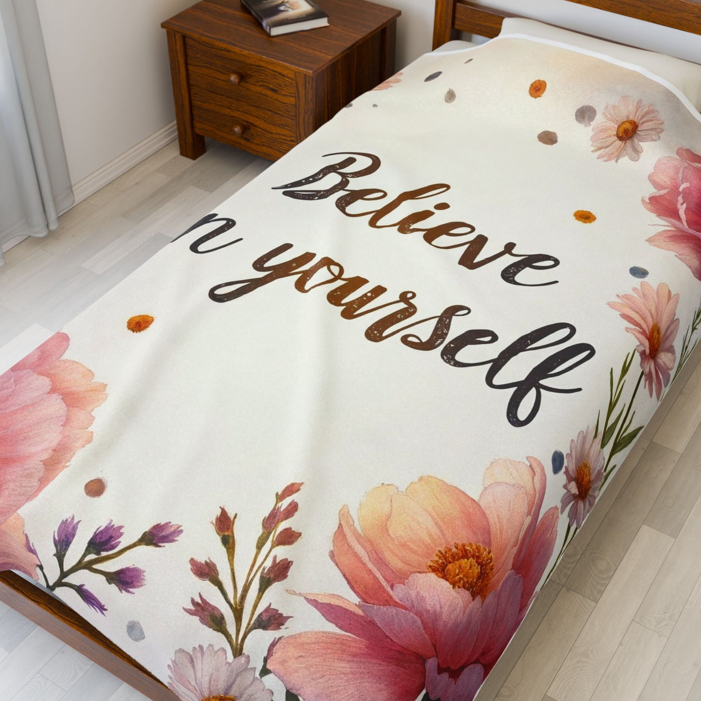 Inspirational Floral Velveteen Plush Blanket - Cozy Gift, Self-Care Decor, Motivational Home Accessory, Relaxing Throw