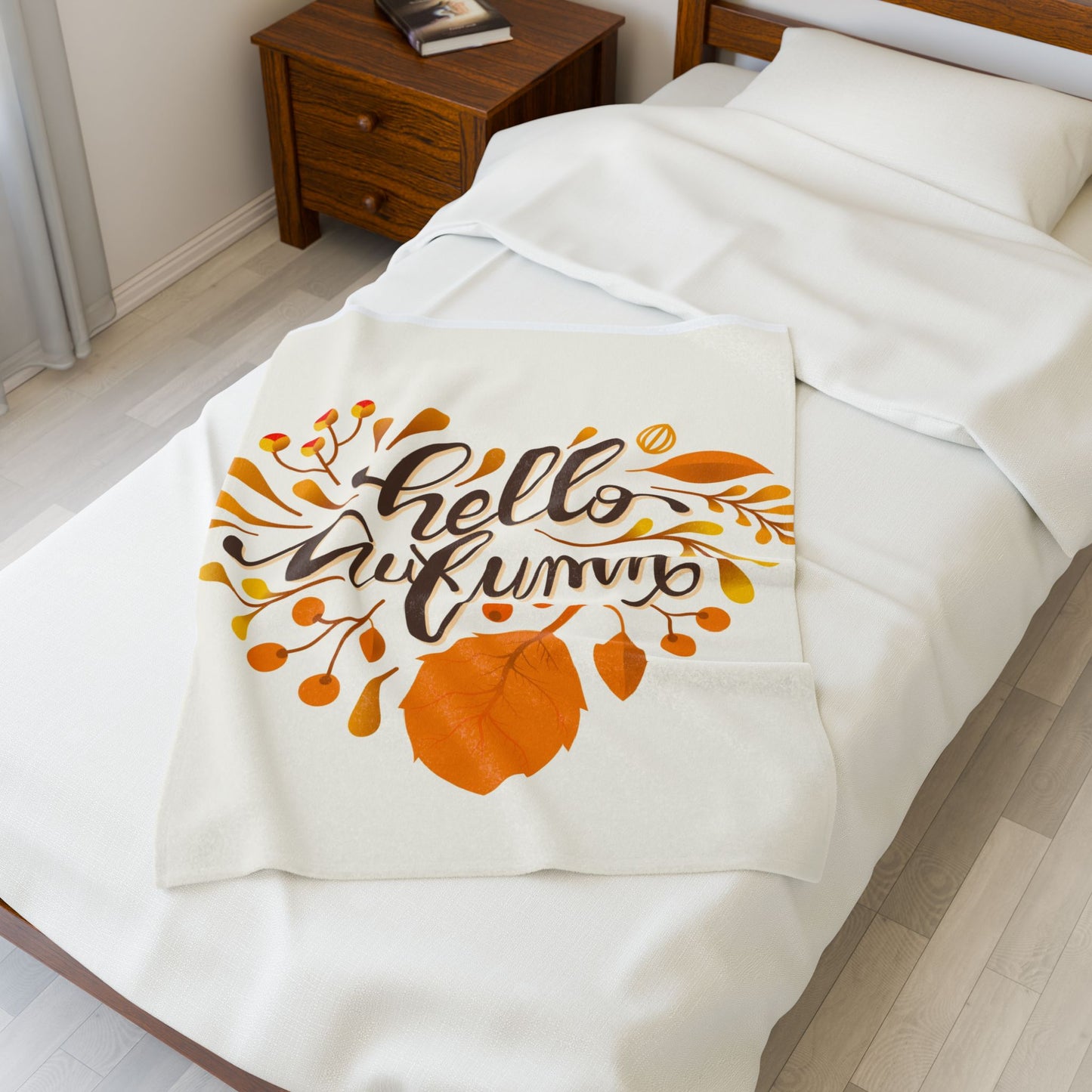 Autumn Hello Velveteen Plush Blanket | Cozy Fall Throw, Thanksgiving Gift, Seasonal Home Decor, Warm Blanket, Gift for Her
