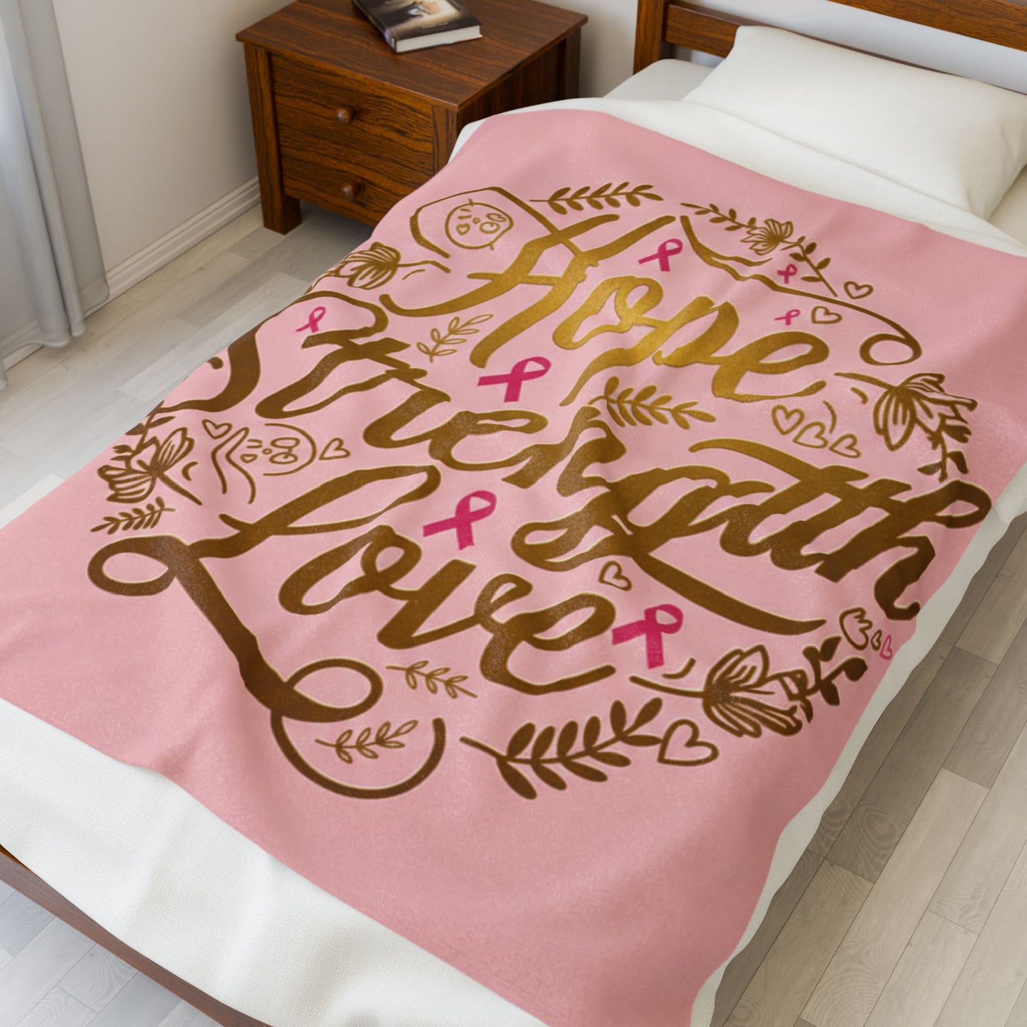 Hope Strength Love Velveteen Plush Blanket | Cozy Throw for Support, Cancer Awareness, Gift for Loved Ones, Inspirational Decor