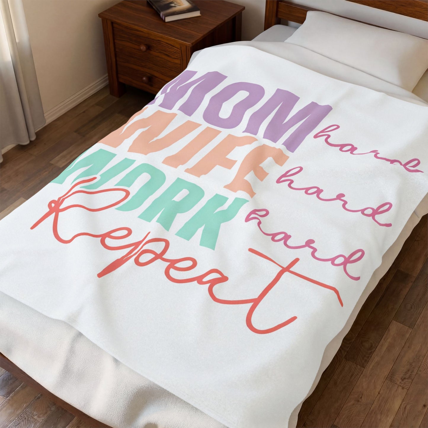 "Mom Wife Work Repeat" Colorful Inspirational for Plush Blanket