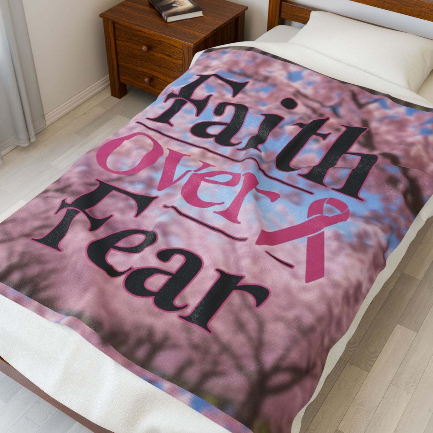 Faith Over Fear Velveteen Plush Blanket, Cozy Throw for Comfort, Inspirational Gift for Breast Cancer Awareness