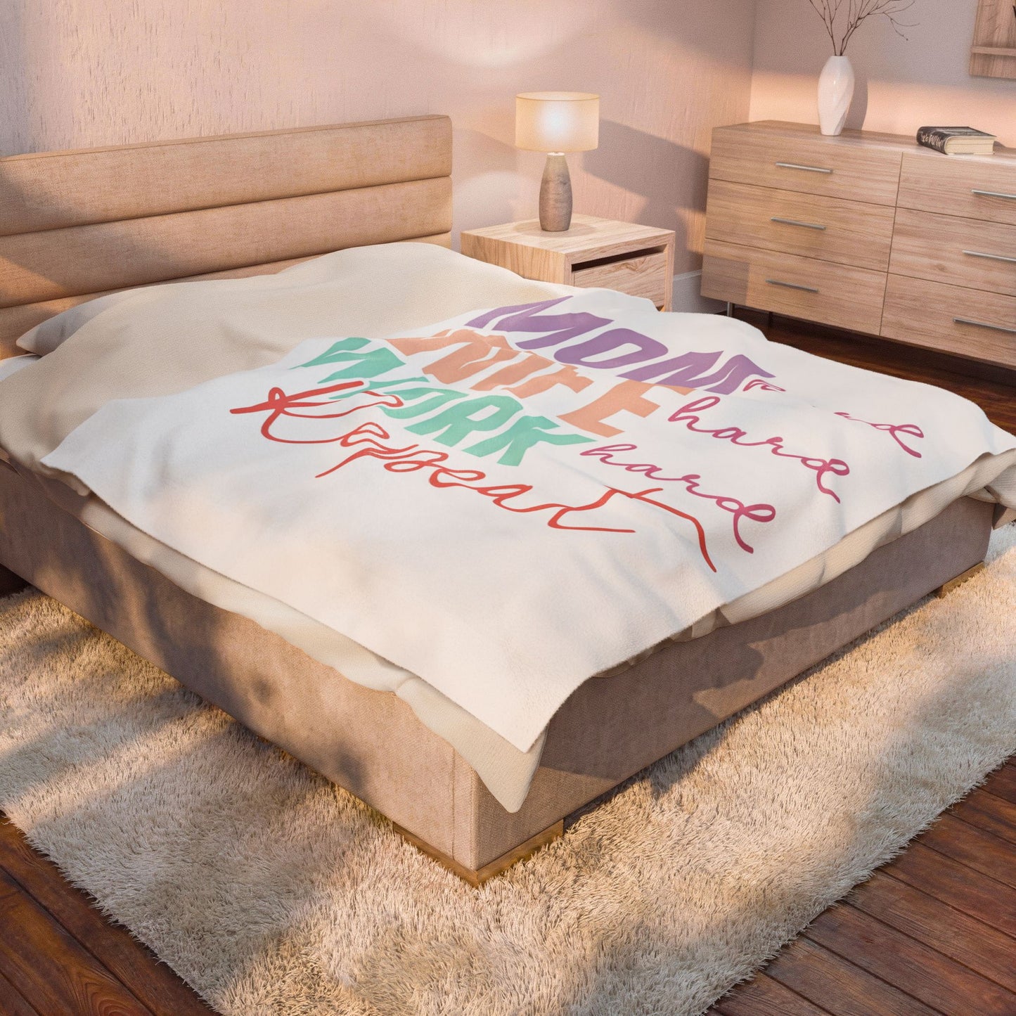 "Mom Wife Work Repeat" Colorful Inspirational for Plush Blanket