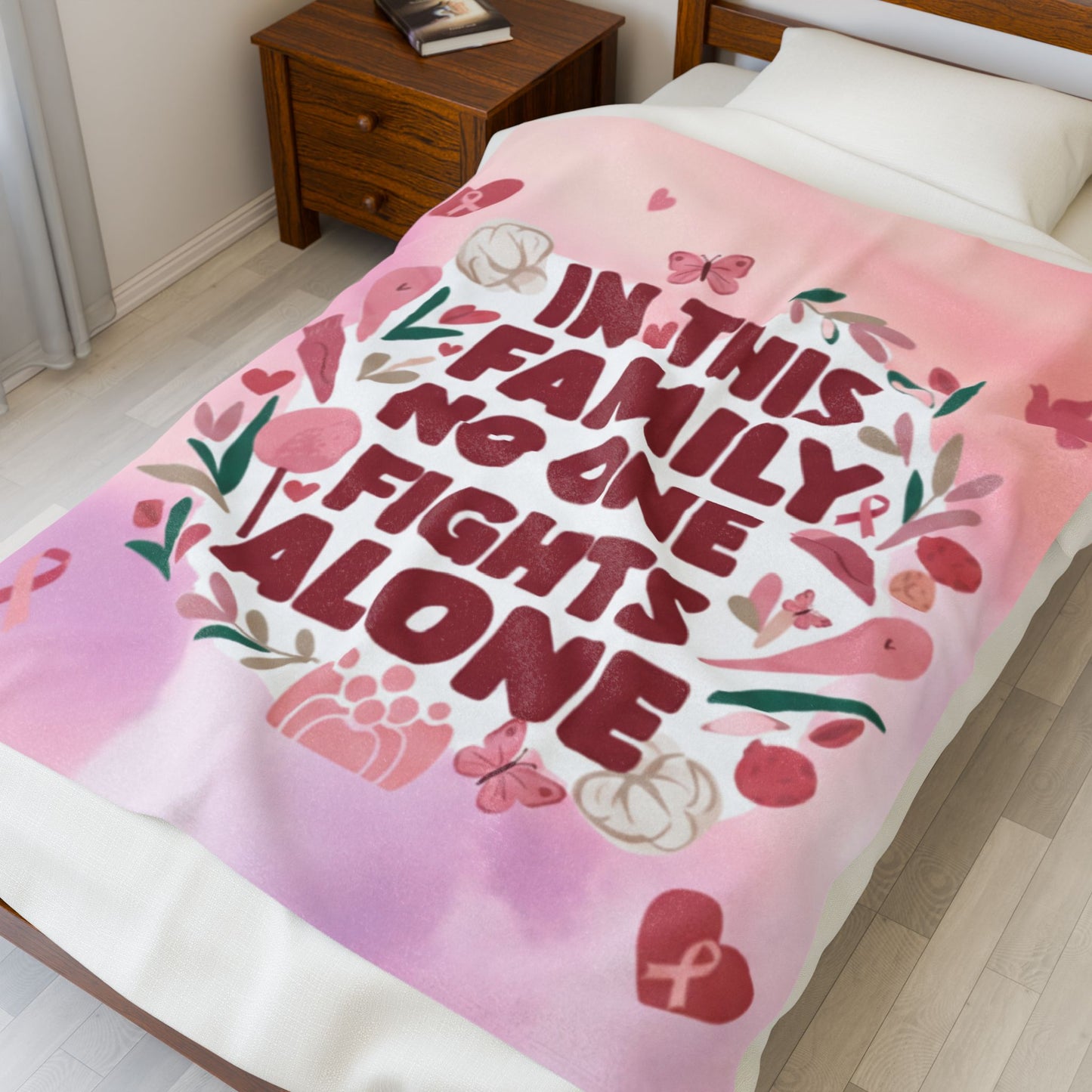 In This Family No One Fights Alone Plush Blanket, Cozy Throw for Family Support, Gift for Encouragement, Cancer Awareness, Living Room Decor