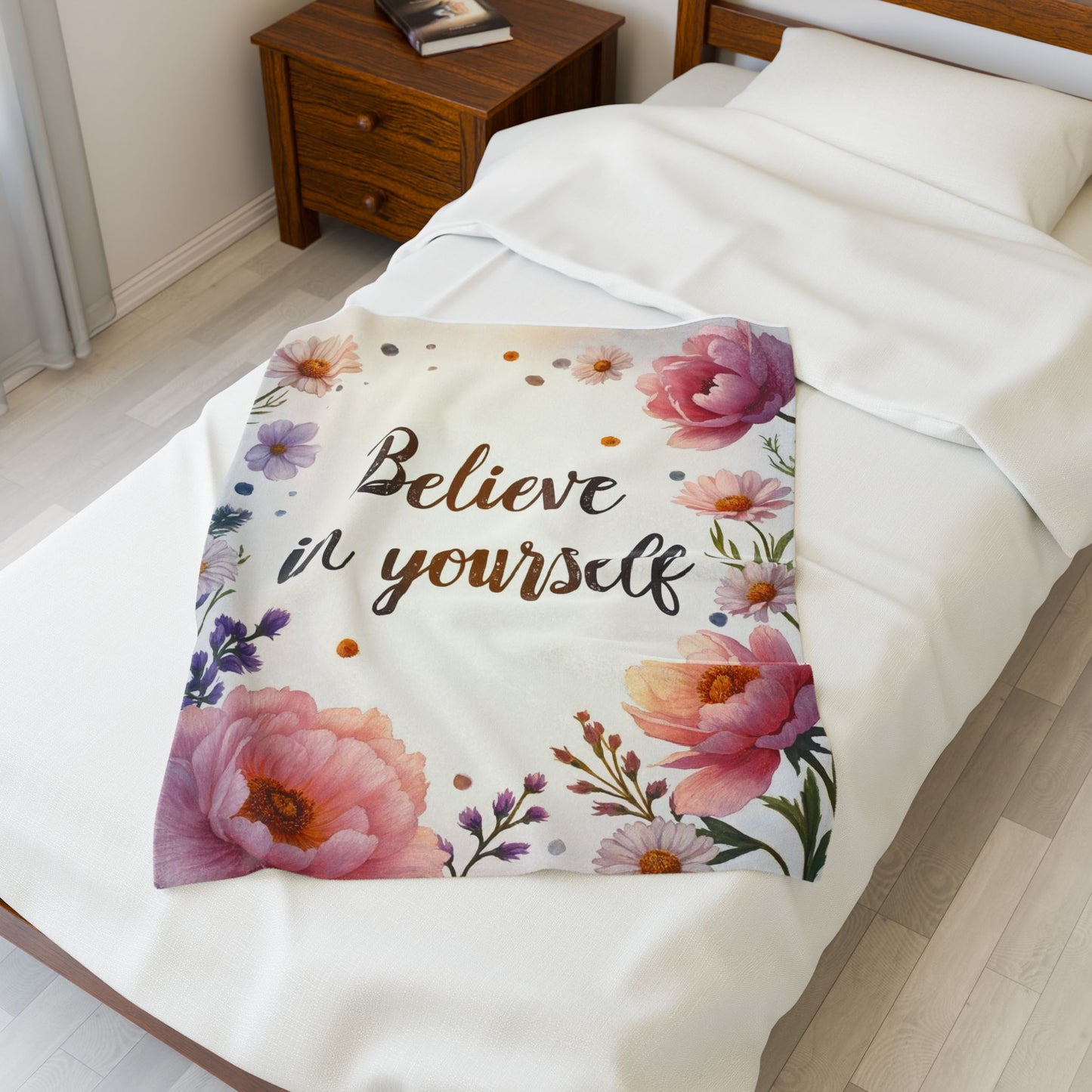 Inspirational Floral Velveteen Plush Blanket - Cozy Gift, Self-Care Decor, Motivational Home Accessory, Relaxing Throw